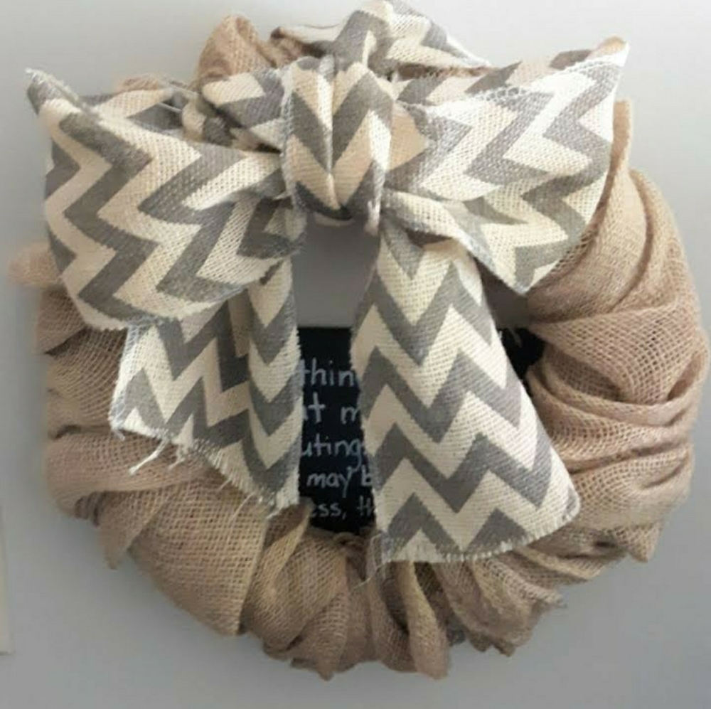 WREATH Tan Burlap with Grey and Cream Burlap Bow!